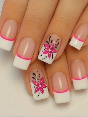 Pink Accent White French Tip Press-On Nails with Floral Accent